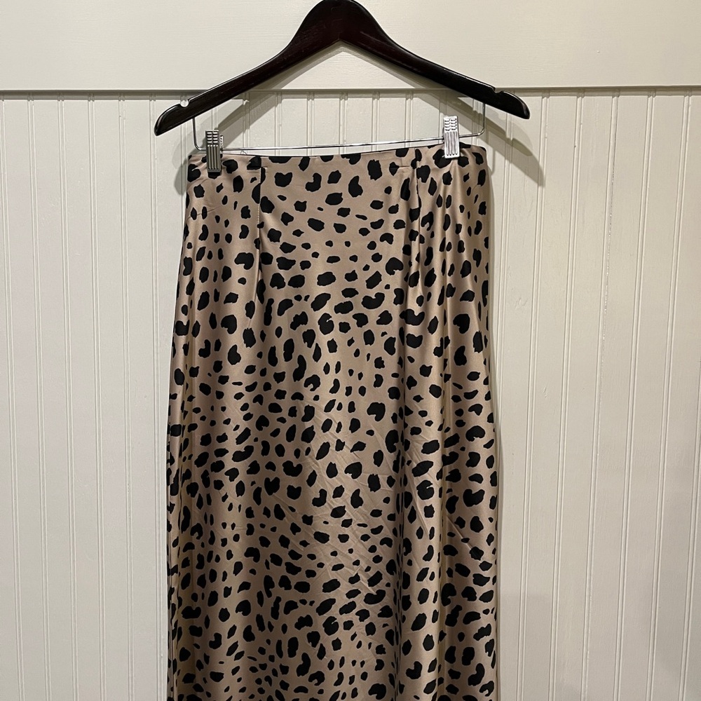 Leopard Print Tan and Black Women's Midi Slip Skirt Satin Look Size M